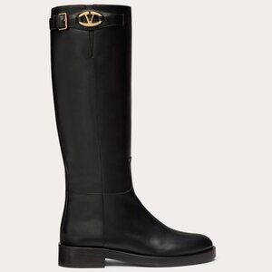 Valentino Garavani VLOGO V Logo Bold Leather Knee High Riding Flat Boots